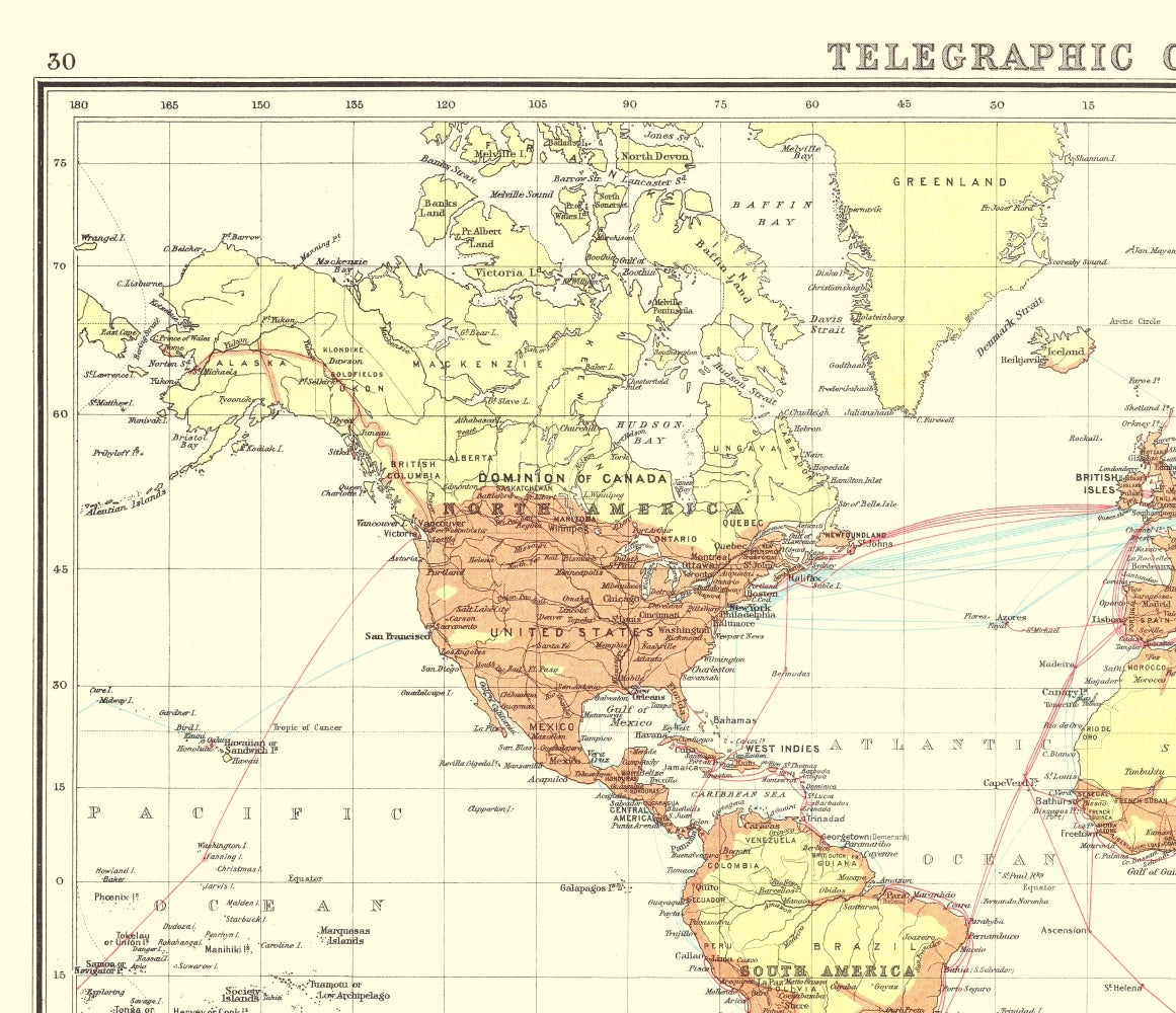 Historic Map - Global Telegraphic Communication - Bartholomew 1907 - 23 x 26.71 - Vintage Wall Art