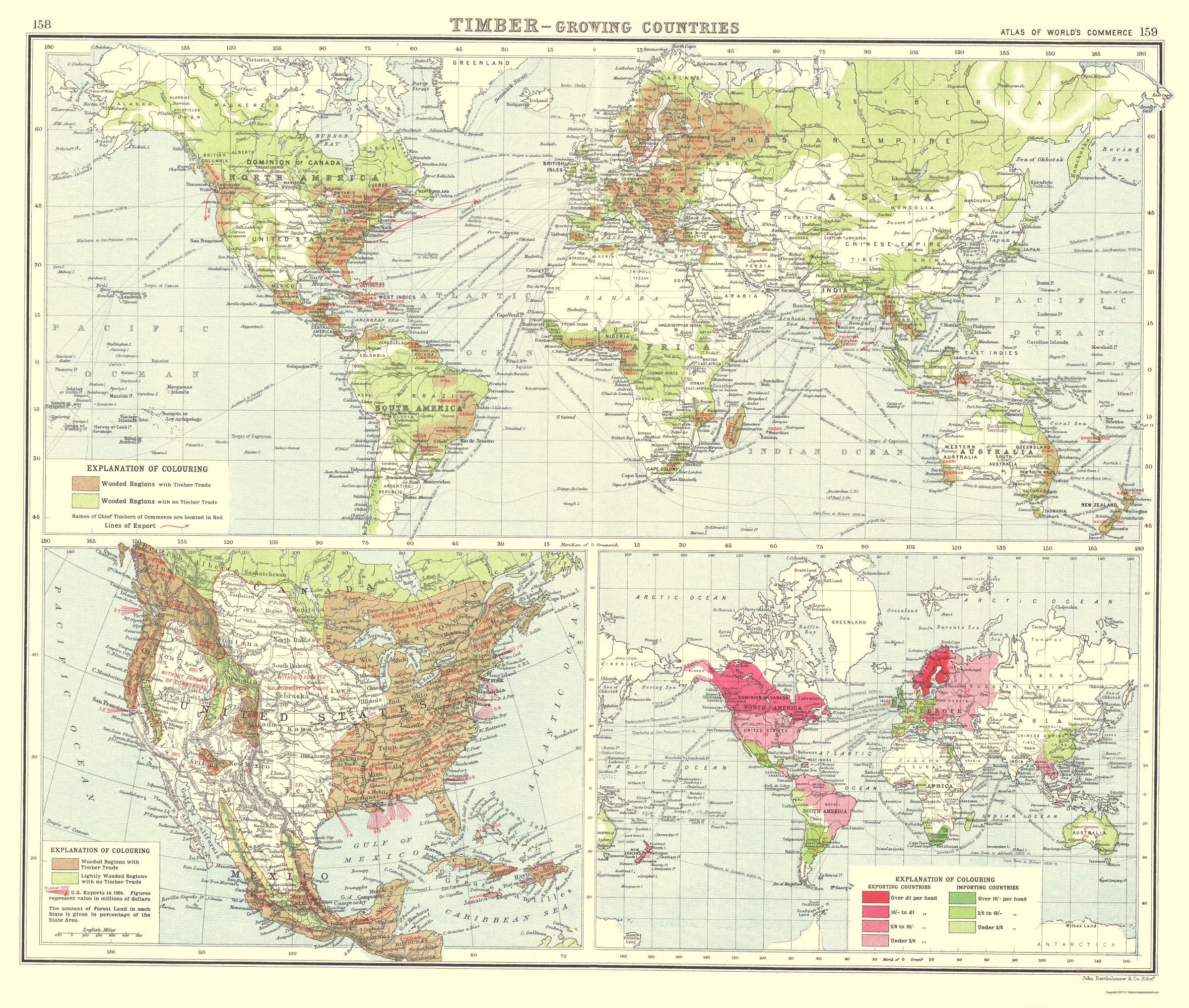 Historic Map - Global Timber Growing Countries - Bartholomew 1907 - 23 ...