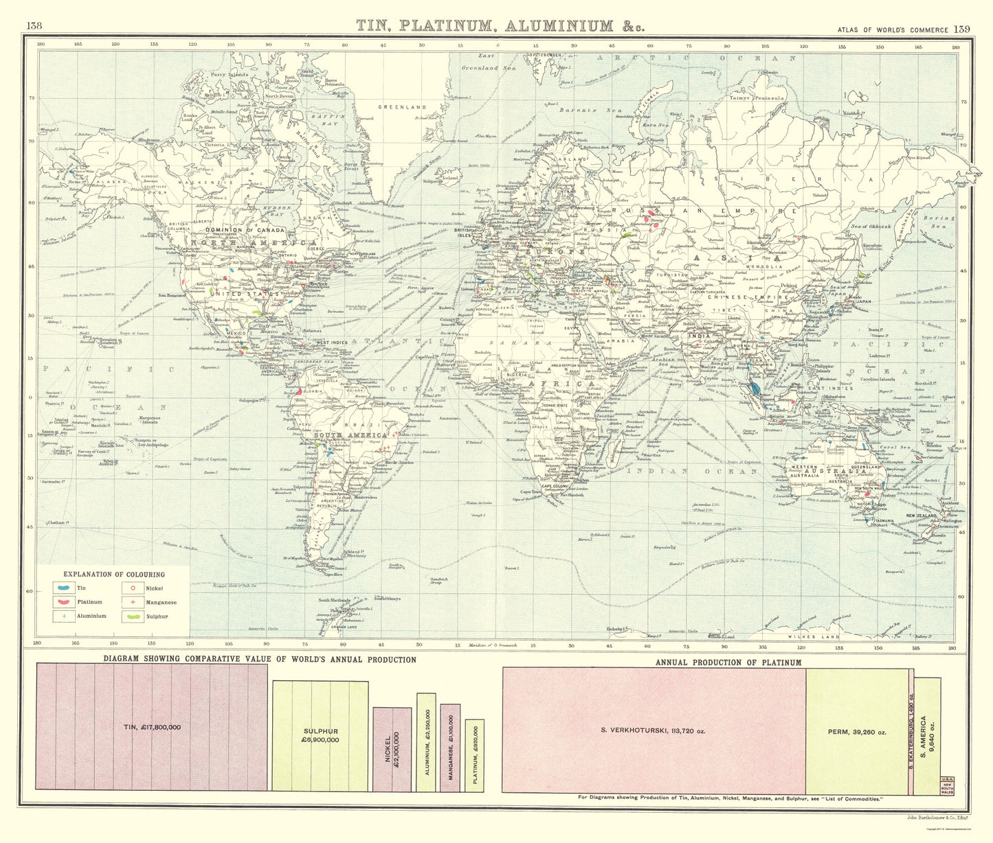 Historic Map - Global Tin Platinum Aluminium - Bartholomew 1907 - 23 x 27 - Vintage Wall Art