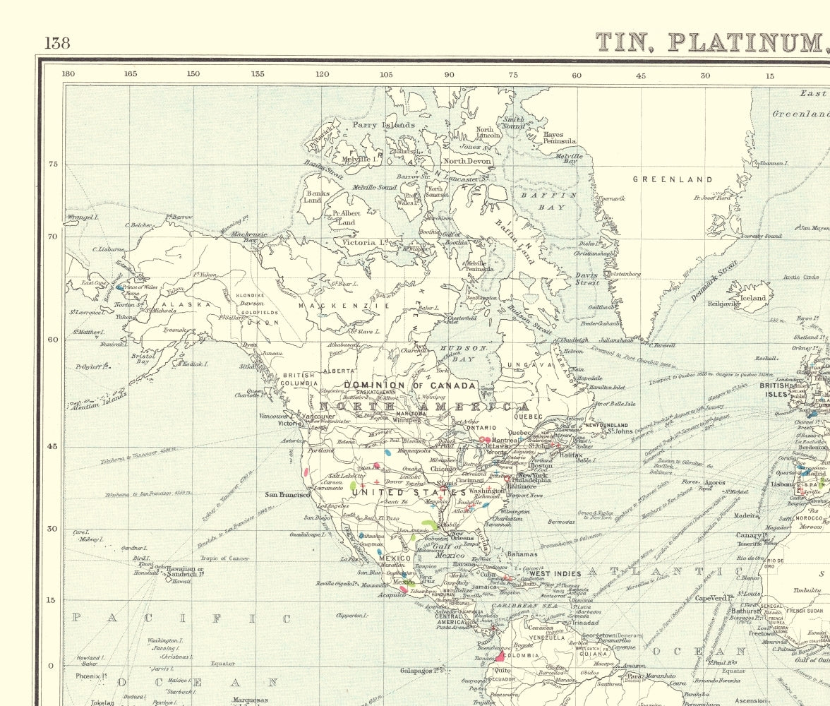 Historic Map - Global Tin Platinum Aluminium - Bartholomew 1907 - 23 x 27 - Vintage Wall Art