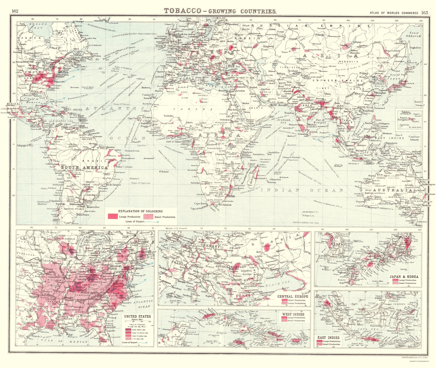 Historic Map - Global Tobacco Growing Countries - Bartholomew 1907 - 23 x 27.20 - Vintage Wall Art