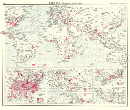 Historic Map - Global Tobacco Growing Countries - Bartholomew 1907 - 23 x 27.20 - Vintage Wall Art