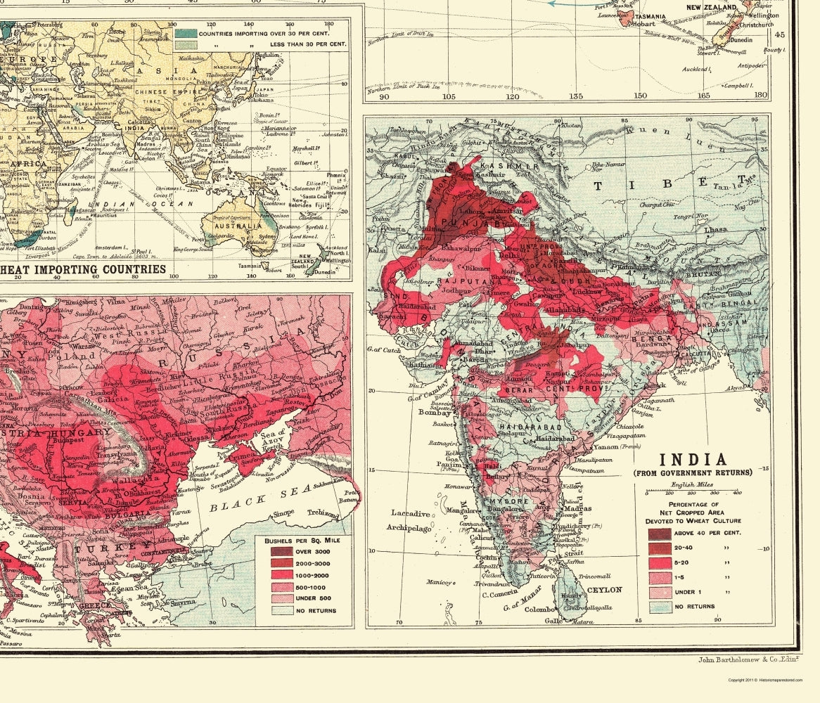 Historic Map - Global Wheat Growing Countries - Bartholomew 1907 - 23 x 26.82 - Vintage Wall Art