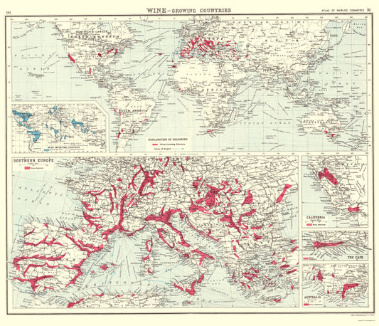 Historic Map - Global Wine Growing Countries - Bartholomew 1907 - 23 x 26.74 - Vintage Wall Art