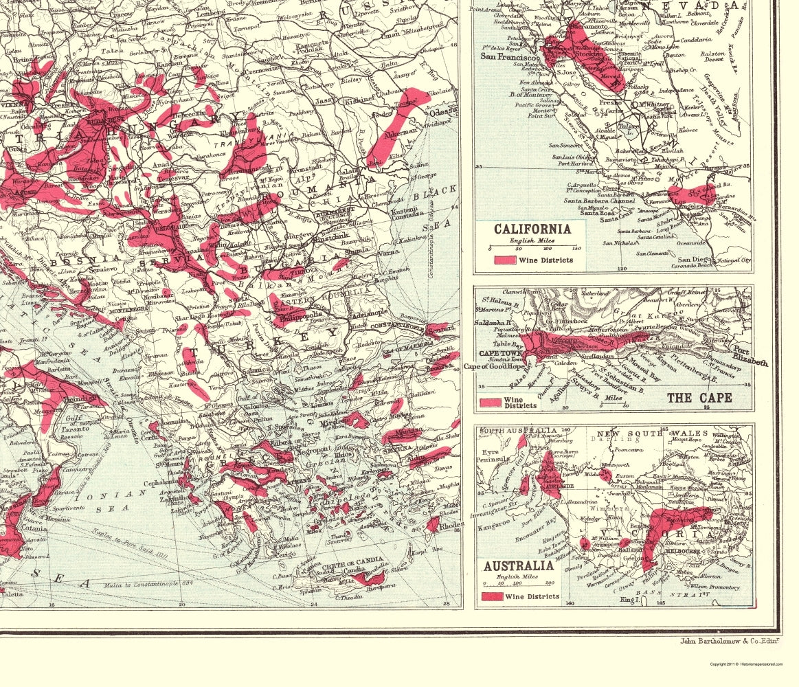 Historic Map - Global Wine Growing Countries - Bartholomew 1907 - 23 x 26.74 - Vintage Wall Art