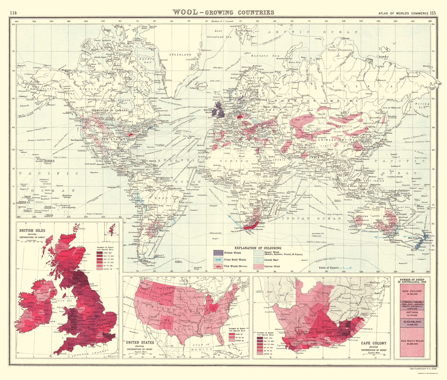 Historic Map - Global Wool Growing Countries - Bartholomew 1907 - 23 x 27.09 - Vintage Wall Art