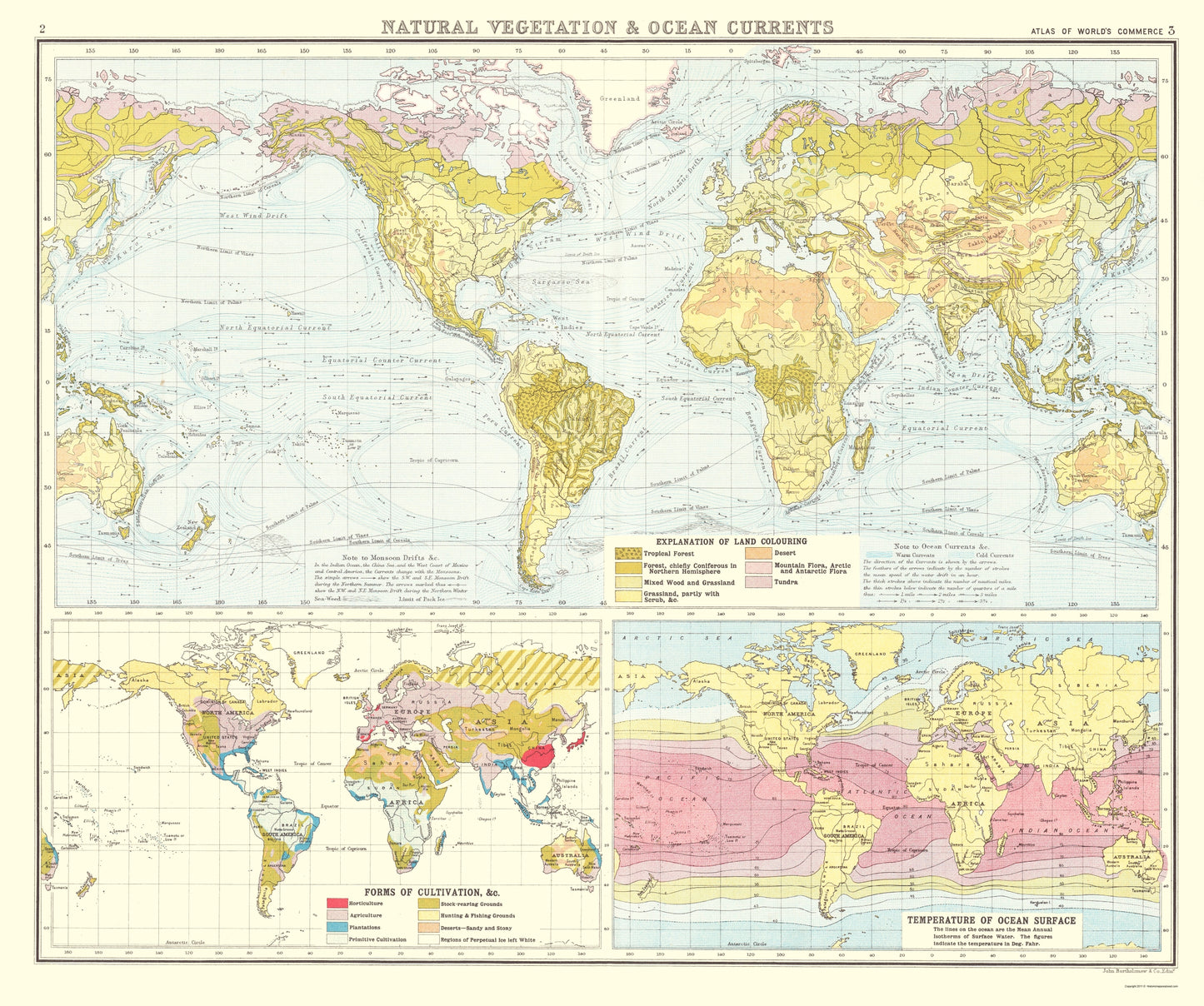 Historic Nautical Map - Global Natural Vegetation Ocean Currents - Bartholomew 1907 - 23 x 27 - Vintage Wall Art