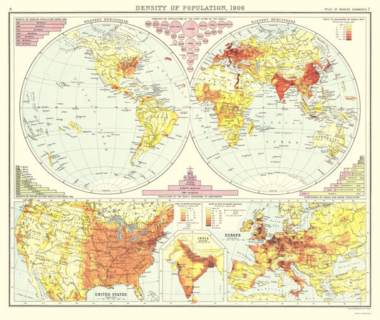 Historic Map - Global Population Density - Bartholomew 1906 - 23 x 27.25 - Vintage Wall Art