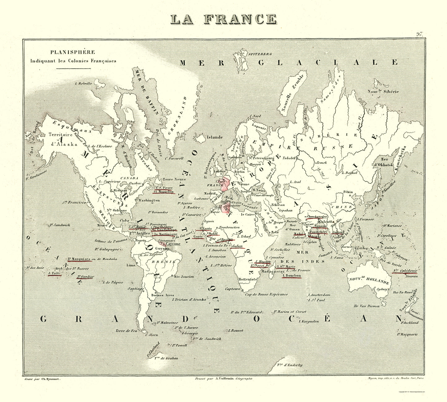 Historic Map - French Global Colonies - Migeon 1869 - 23 x 25.57 - Vintage Wall Art