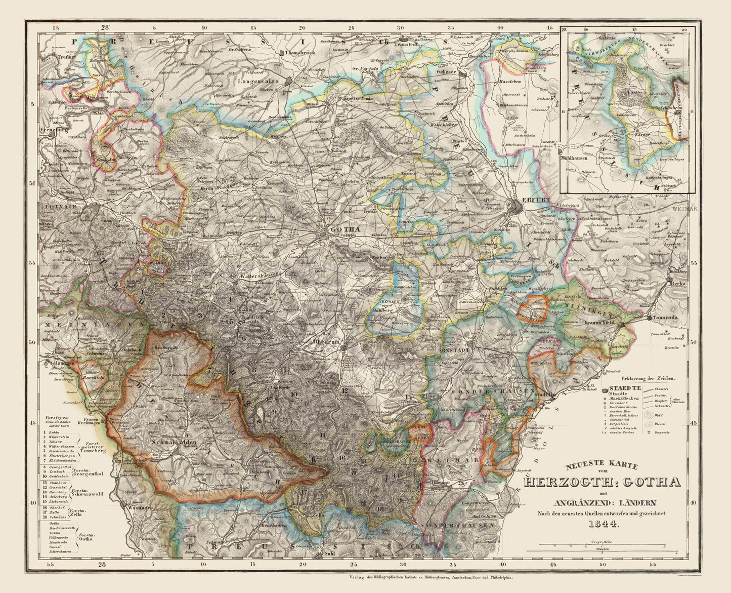 Historic Map - Gotha Herzogth Germany - Meyer 1844 - 23 x 28.39 - Vintage Wall Art