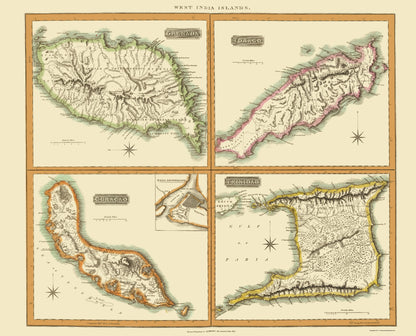 Historic Map - Grenada Tobago Curacao Trinidad - Thomson 1816 - 23 x 28 - Vintage Wall Art