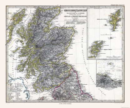 Historic Map - Northern England Scotland - Stieler  1885 - 27.64 x 23 - Vintage Wall Art