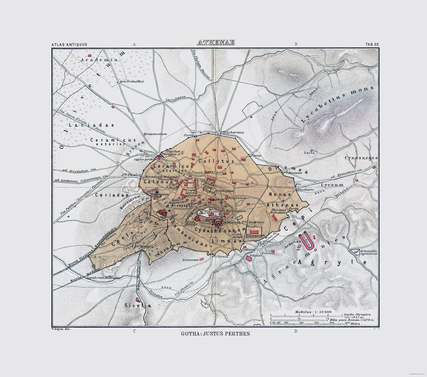 Historic Map - Athens Greece - Perthes 1896 - 26.01 x 23 - Vintage Wall Art