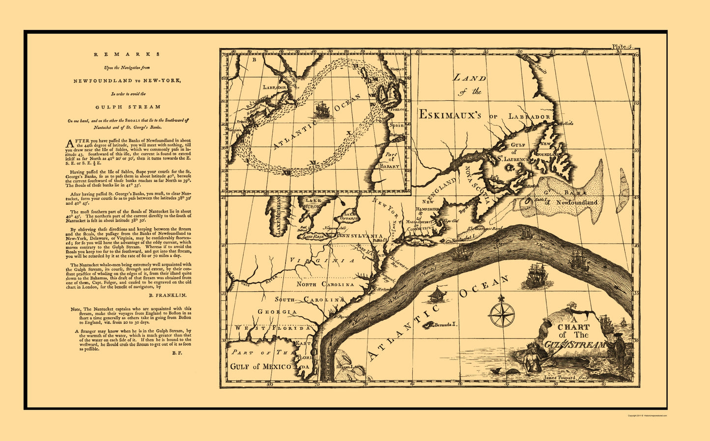 Historic Nautical Map - Gulf Stream Atlantic Ocean United States Canada - Franklin 1786 - 23 x 37 - Vintage Wall Art