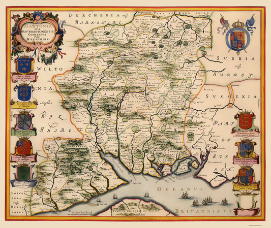 Historic Map - Hampshire County England - Blaeu 1646 - 23 x 27.33 - Vintage Wall Art