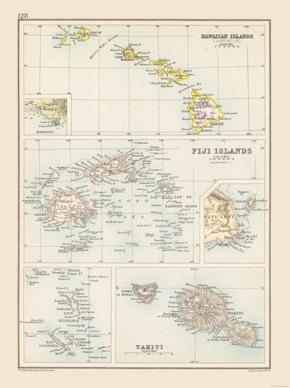 Historic Map - Hawaii Fiji Tahiti - Bartholomew 1892 - 23 x 30.74 - Vintage Wall Art