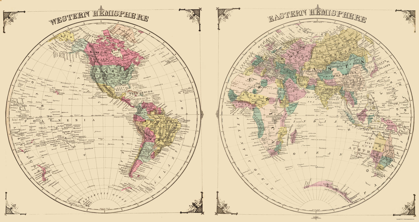 Historic Map - Western Eastern Hemispheres - Andreas 1874 - 23 x 43.25 - Vintage Wall Art