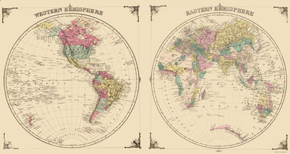 Historic Map - Western Eastern Hemispheres - Andreas 1874 - 23 x 43.25 - Vintage Wall Art