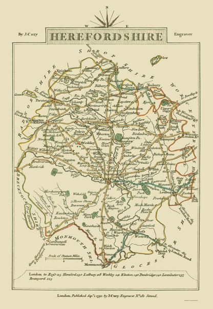 Historic Map - Herefordshire County England - Cary 1792 - 23 x 33.33 - Vintage Wall Art