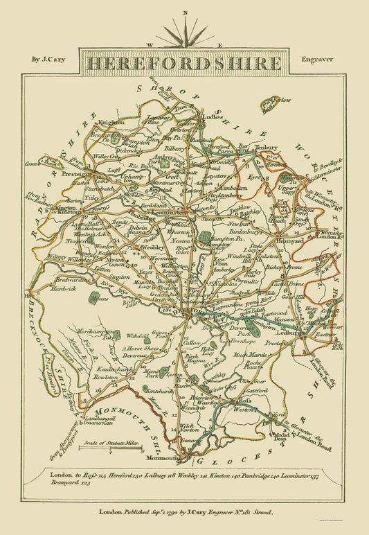 Historic Map - Herefordshire County England - Cary 1792 - 23 x 33.33 - Vintage Wall Art