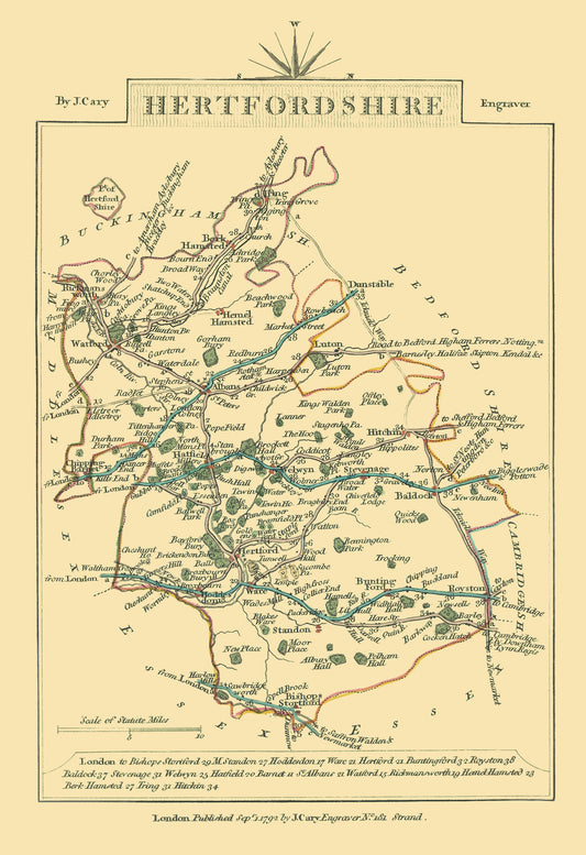 Historic Map - Hertfordshire County England - Cary 1792 - 23 x 33.52 - Vintage Wall Art