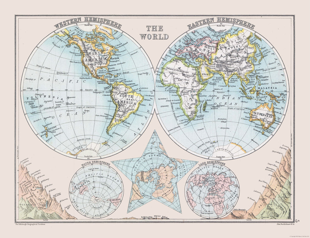 Historic Map - Eastern Western Hemispheheres - Bartholomew 1892 - Vint ...