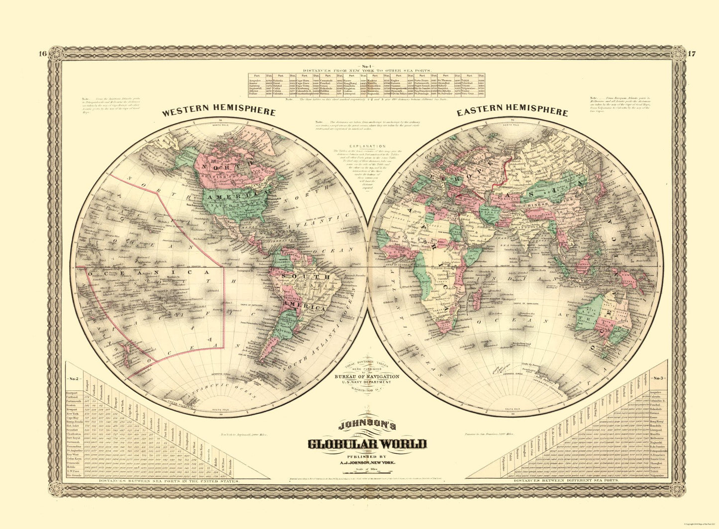 Historic Map - Western Eastern Hemisphere - Johnson 1870 - 31.23 x 23 - Vintage Wall Art