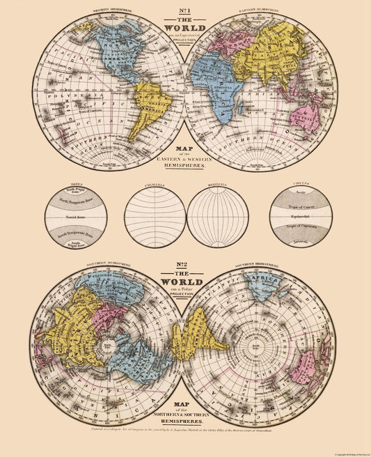 Historic Map - Hemispheres Equatorial Polar Projections - Mitchell - 23 x 28.29 - Vintage Wall Art