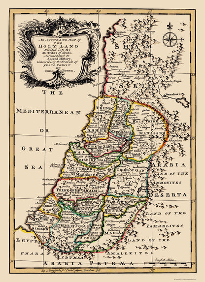 Historic Map - Israel Twelve Tribes - Bowen 1752 - 23 x 31.67 - Vintage Wall Art