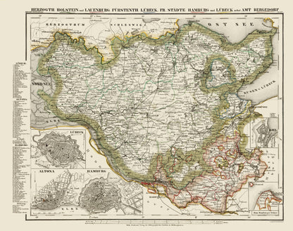 Historic Map - Holstein Lauenburg Lubeck Hamburg Germany - Meyer 1860 - 23 x 29 - Vintage Wall Art