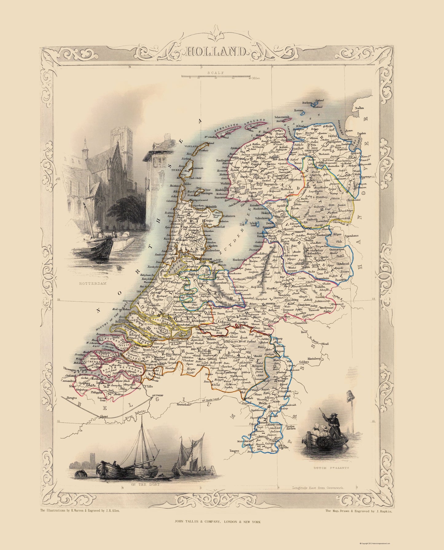 Historic Map - Holland Netherlands - Tallis 1851 - 23 x 28.45 - Vintage Wall Art