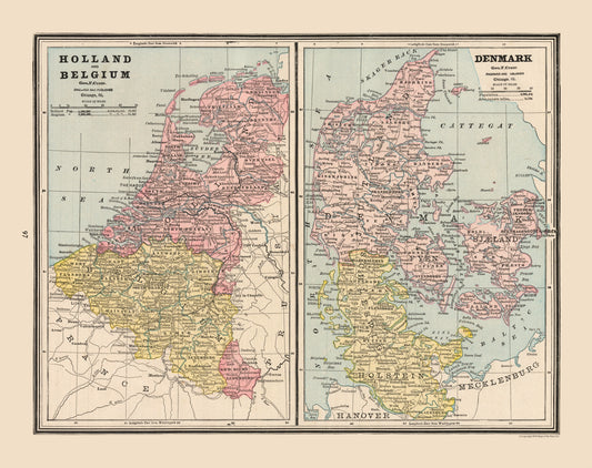 Historic Map - Holland Belgium Denmark - Cram 1888 - 29.06 x 23 - Vintage Wall Art