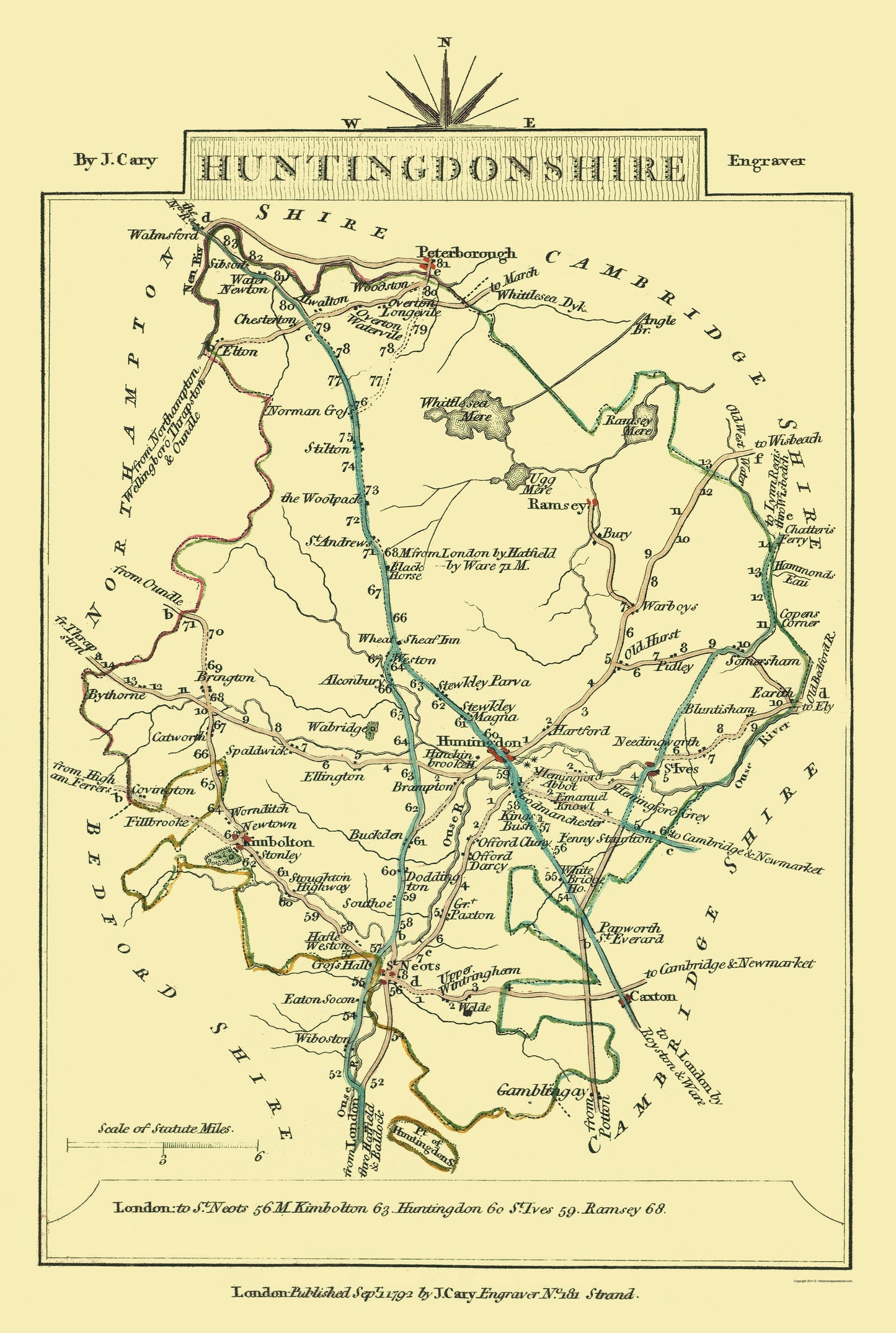 Historic Map - Huntingdonshire County England - Cary 1792 - 23 x 34.21 - Vintage Wall Art