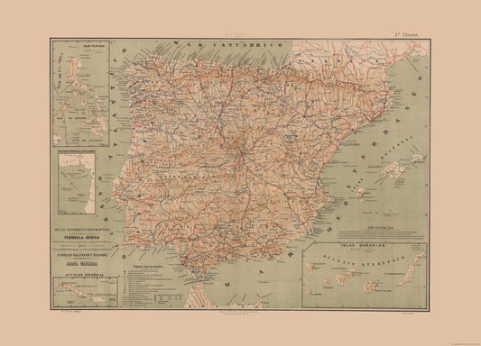 Historic Map - Iberian Peninsula Portugal Spain - Valverde 1880 - 31.89 x 23 - Vintage Wall Art