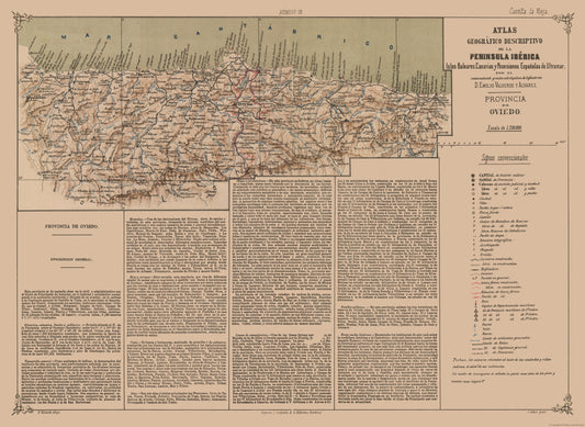 Historic Map - Oviedo Spain Portugal - Valverde 1880 - 31.50 x 23 - Vintage Wall Art