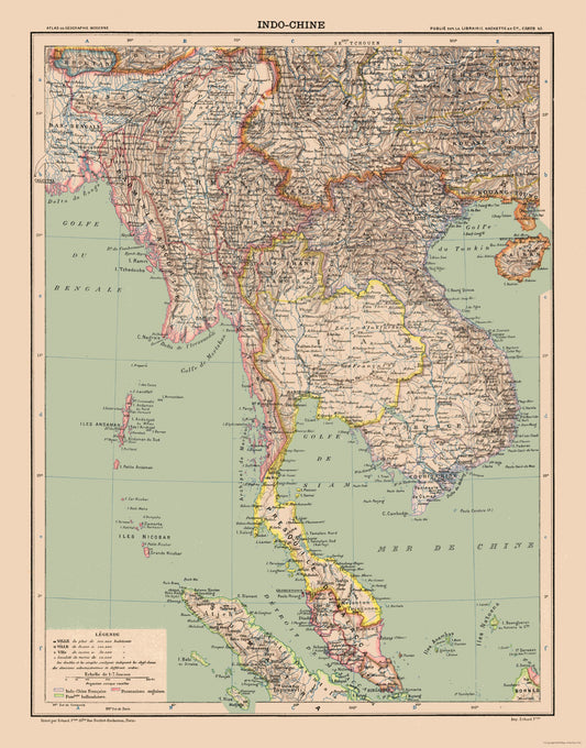 Historic Map - Indochina - Schrader 1908 - 23 x 29.36 - Vintage Wall Art