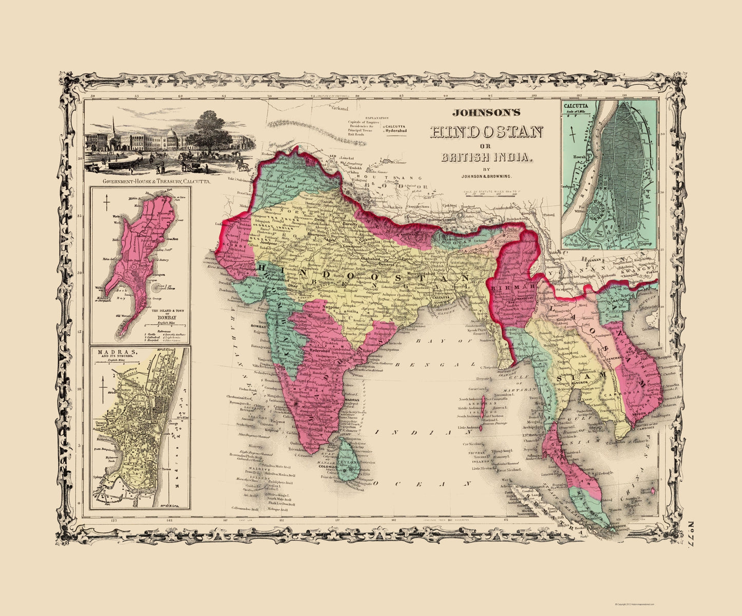 Historic Map - Hindostan British India - Johnson 1860 - 23 x 27.69 - Vintage Wall Art