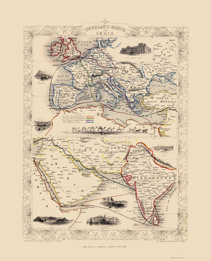 Historic Map - India Overland Route - Tallis 1851 - 23 x 28.45 - Vintage Wall Art