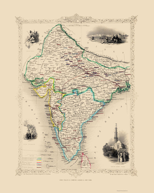 Historic Map - IndiaBritish  - Tallis 1851 - 23 x 28.83 - Vintage Wall Art