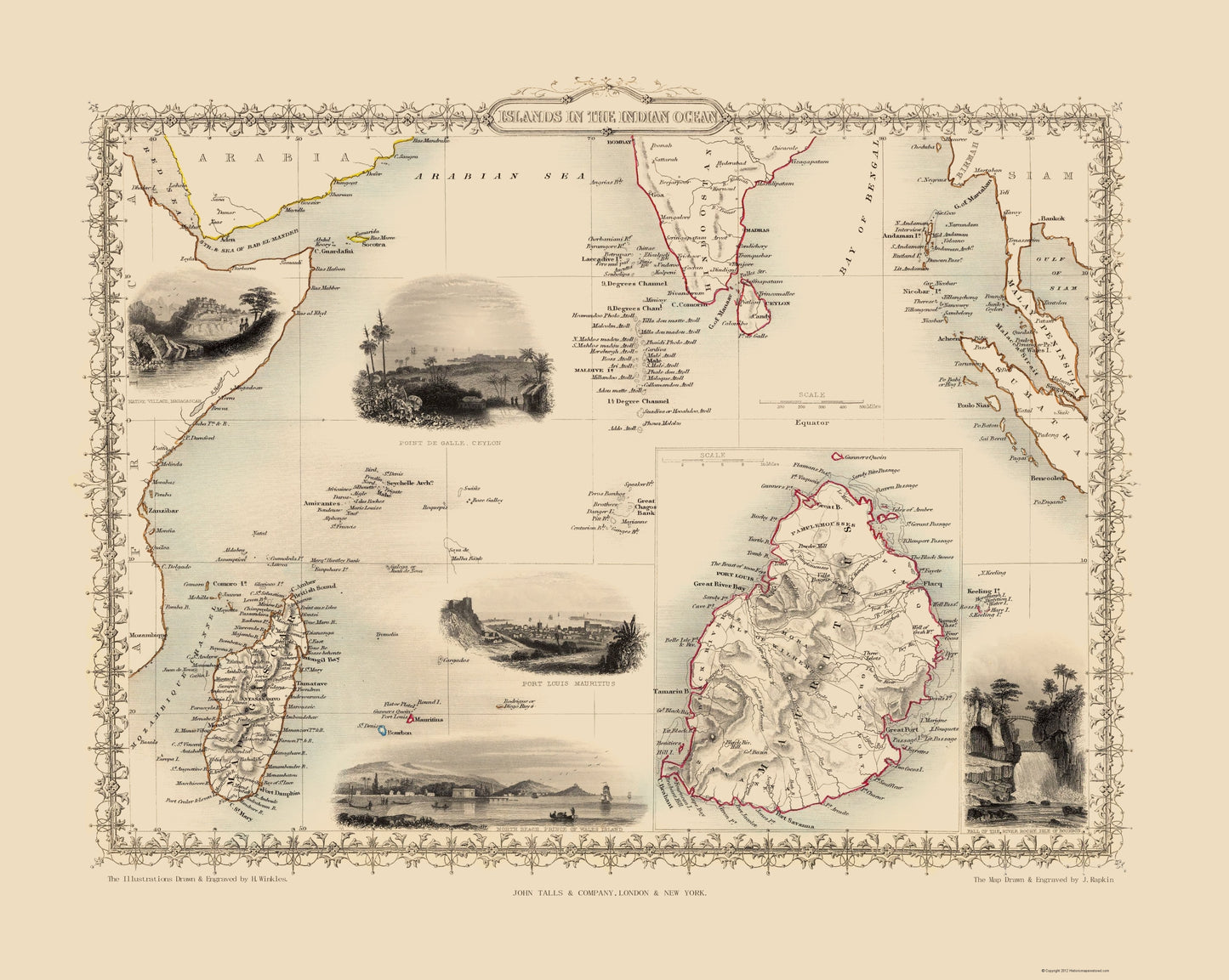 Historic Nautical Map - Indian Ocean Islands - Tallis 1851 - 23 x 28.83 - Vintage Wall Art