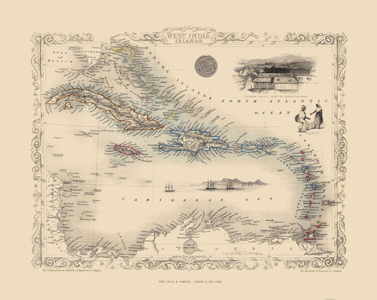 Historic Map - West Indies - Tallis 1851 - 23 x 28.83 - Vintage Wall Art