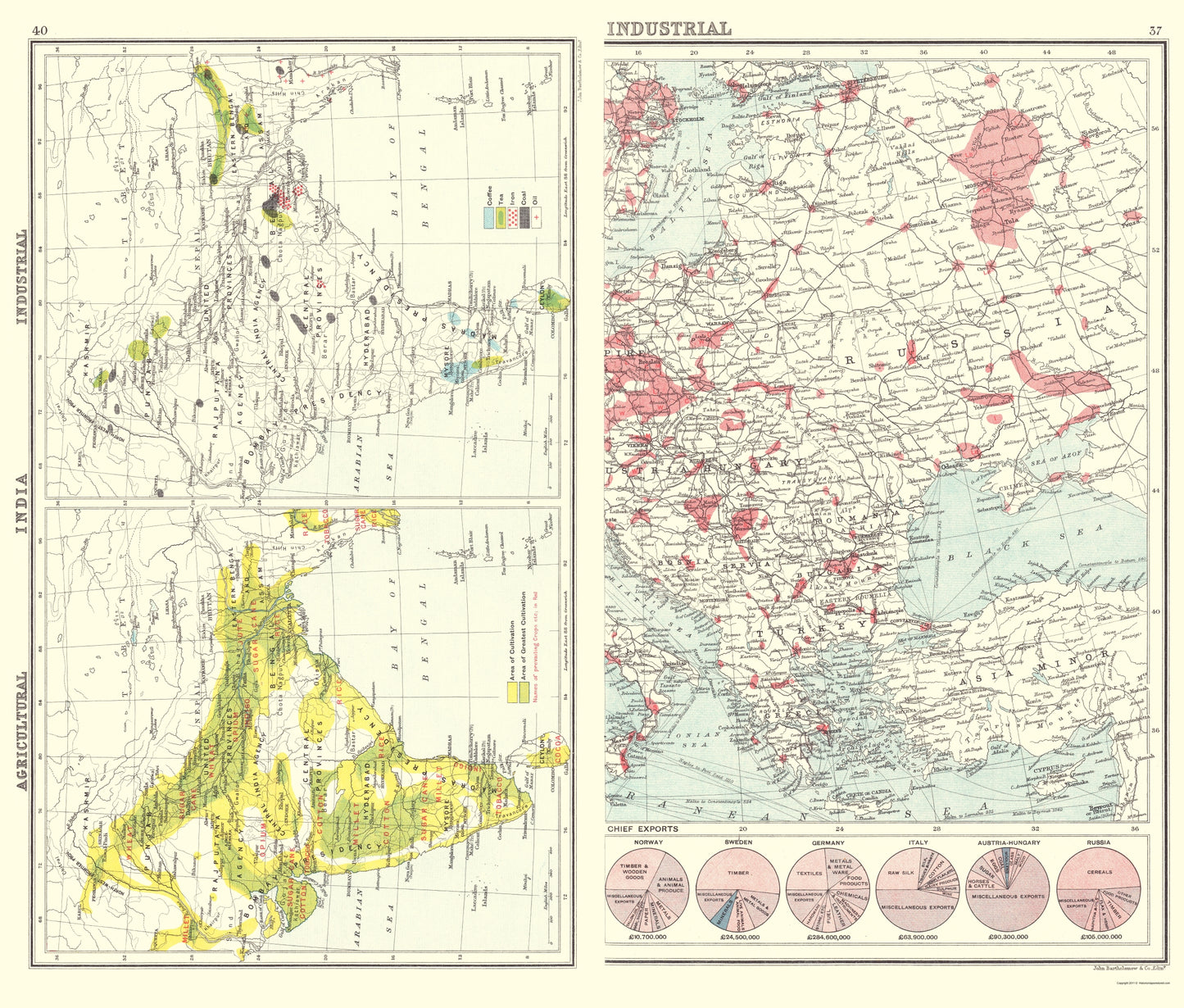 Historic Map - Eastern Europe India Industrial - Bartholomew 1907 - 23 x 27 - Vintage Wall Art