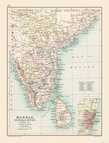 Historic Map - India Southern - Bartholomew 1892 - 23 x 30.22 - Vintage Wall Art