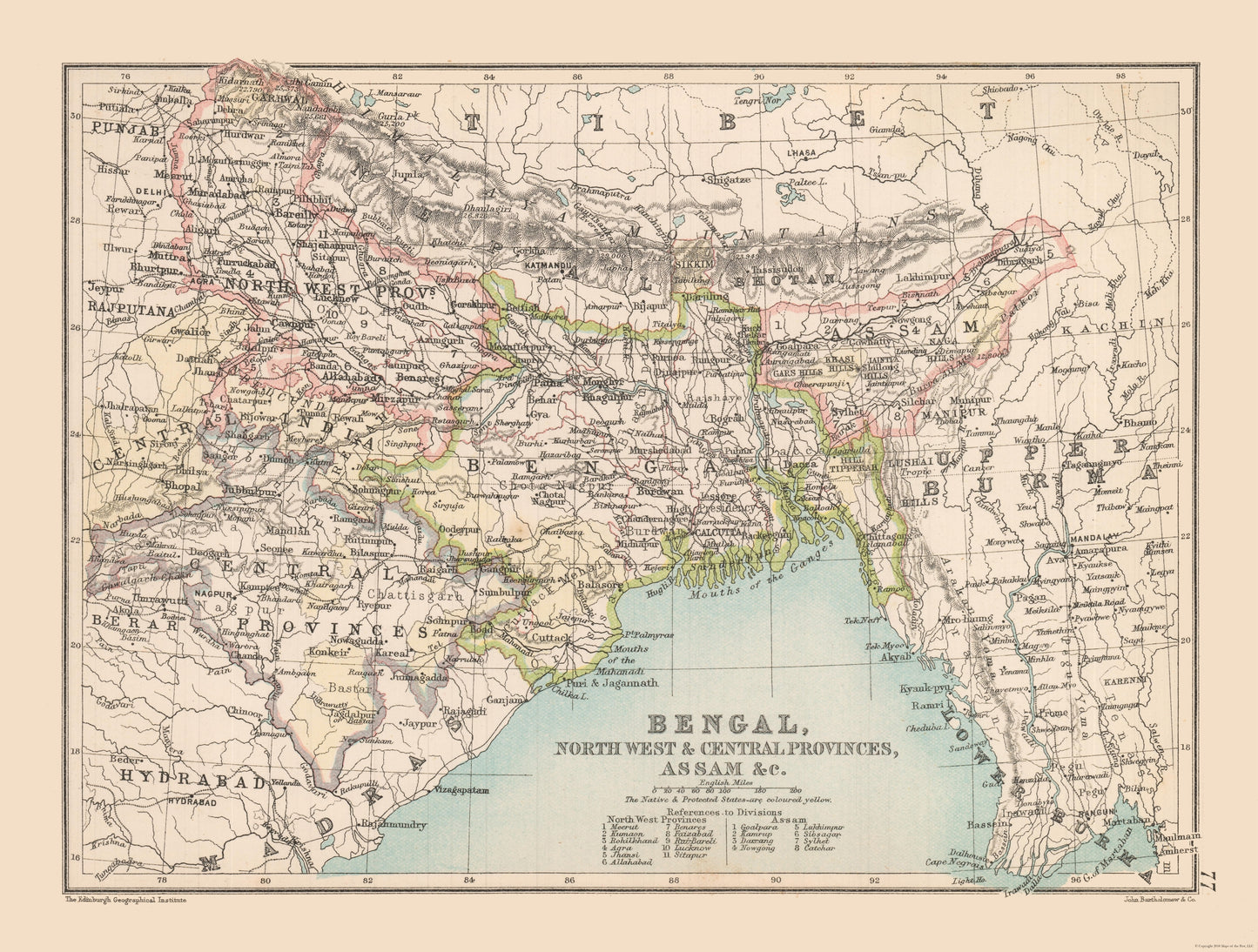 Historic Map - Bengal Region India - Bartholomew 1892 - 30.39 x 23 - Vintage Wall Art