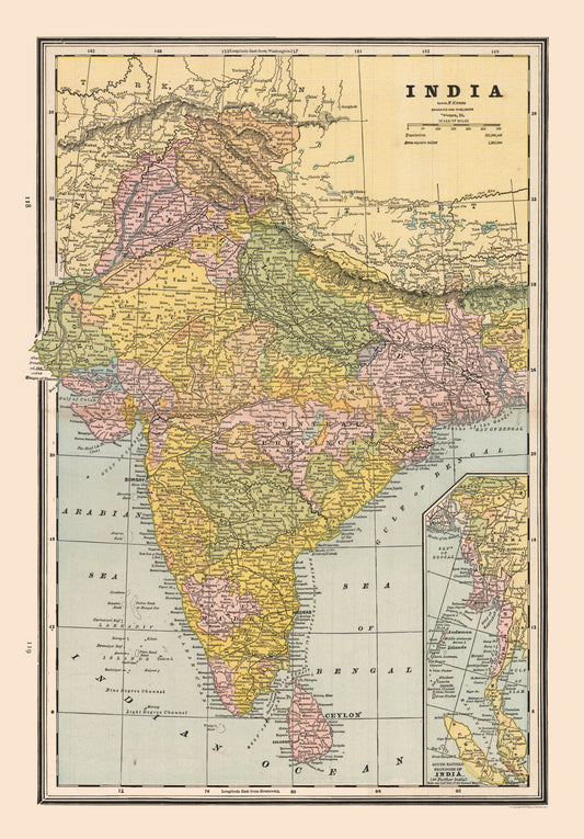 Historic Map - India - Cram 1888 - 23 x 33.02 - Vintage Wall Art