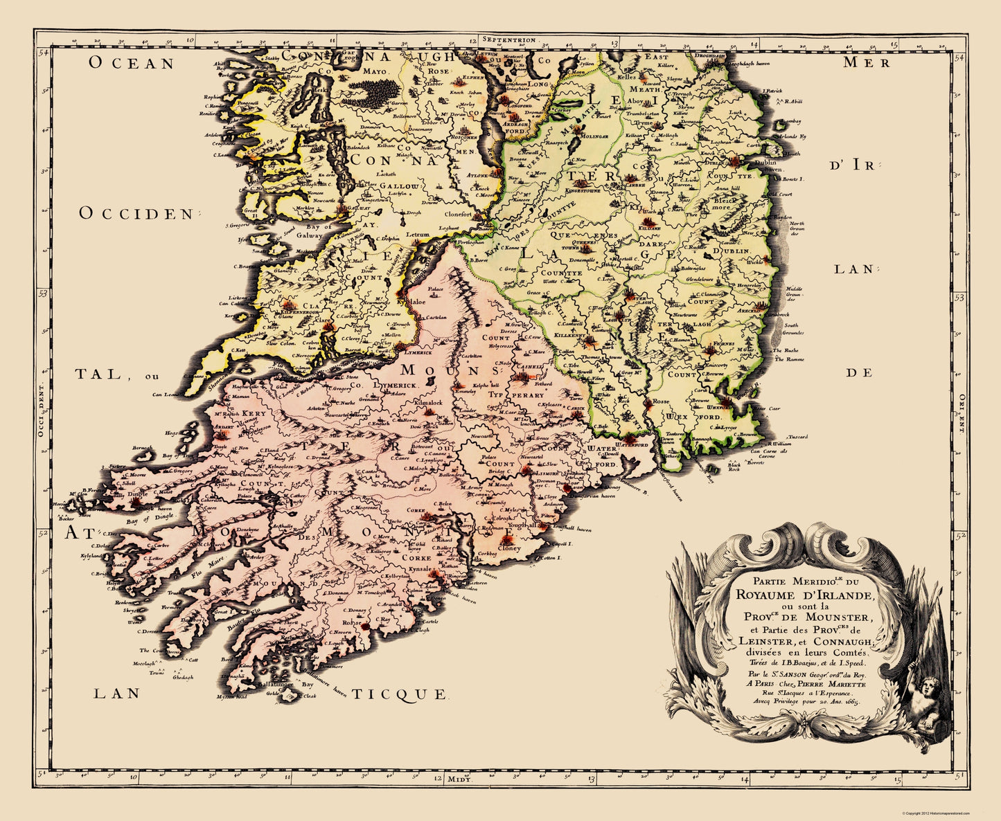 Historic Map - Southern Ireland - Mariette 1665 - 23 x 28.02 - Vintage Wall Art