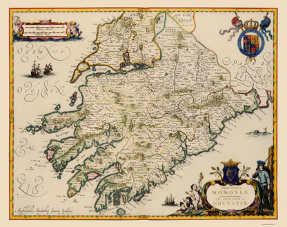 Historic Map - Munster Province Ireland - Jansson 1646 - 23 x 29.09 - Vintage Wall Art