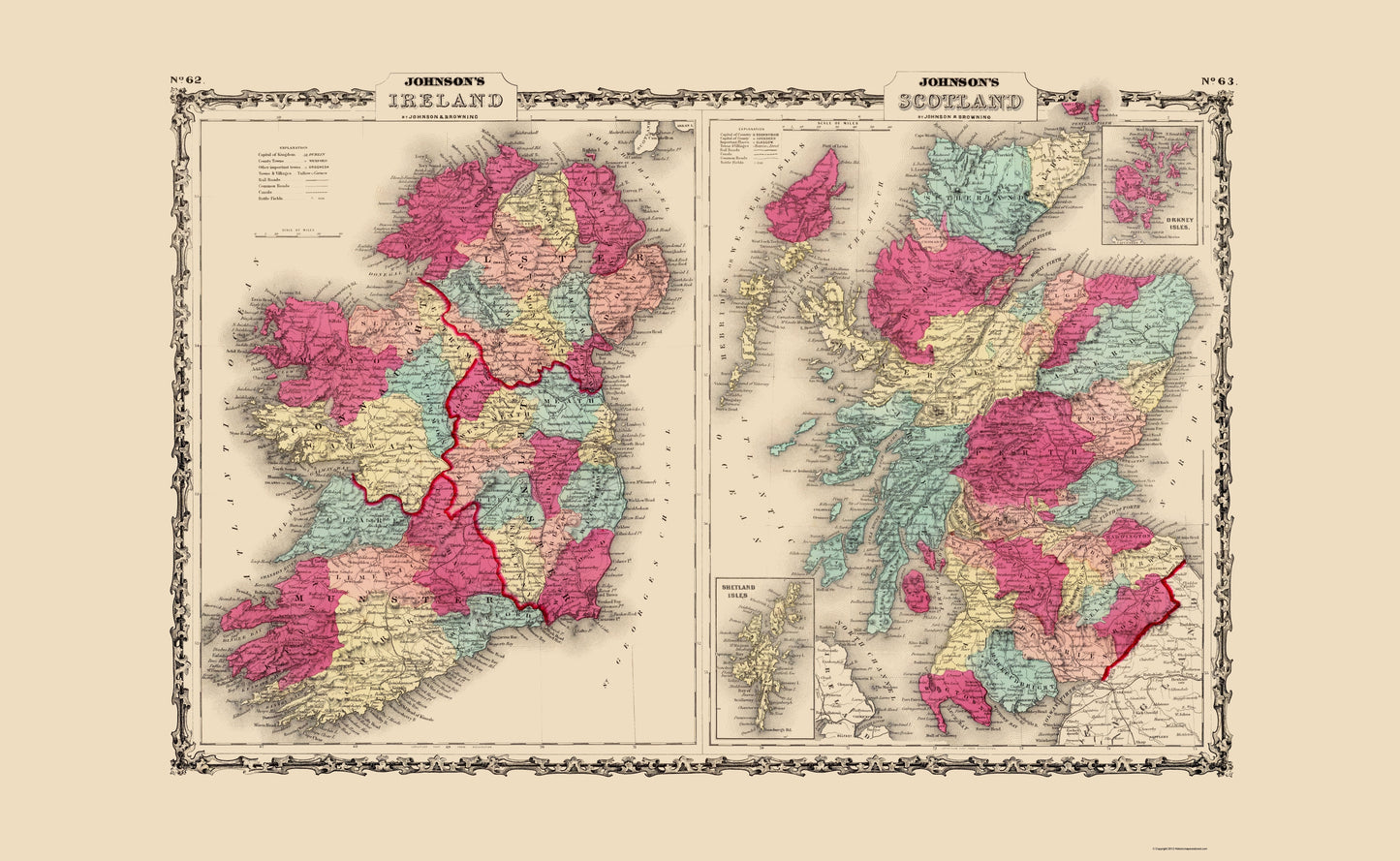 Historic Map - Ireland Scotland - Johnson 1860 - 23 x 37.38 - Vintage Wall Art