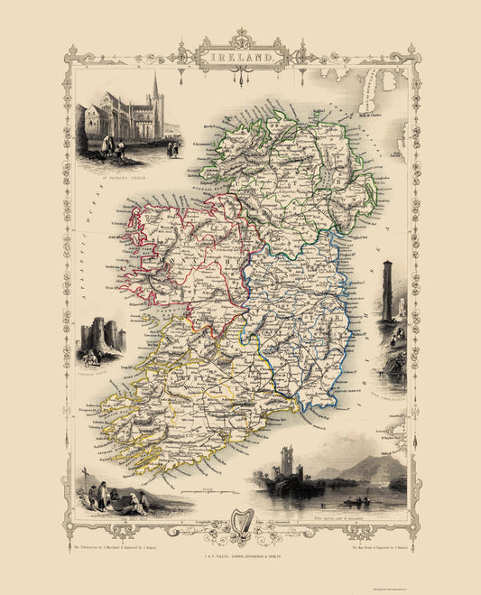 Historic Map - Ireland - Tallis 1851 - 23 x 28.45 - Vintage Wall Art