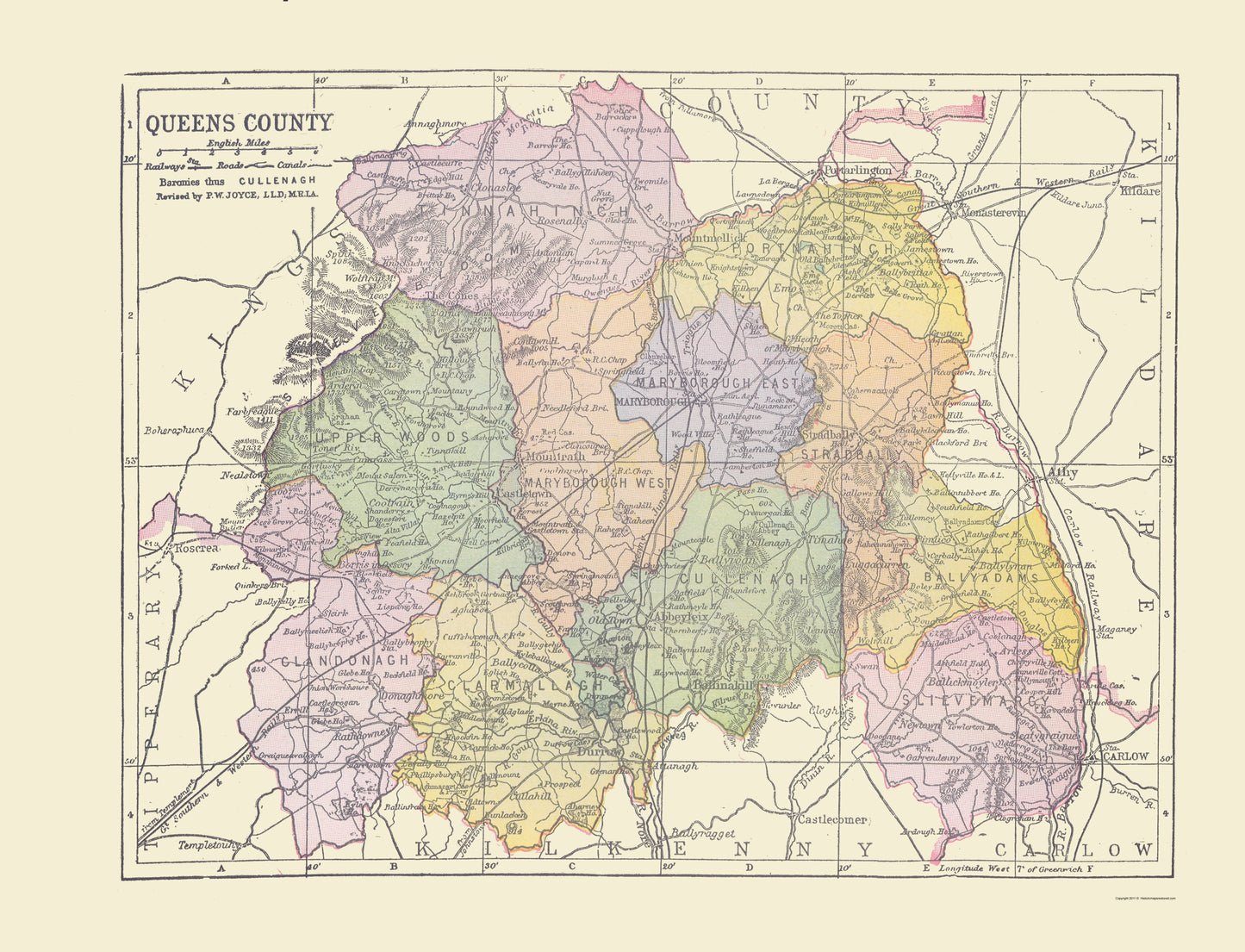 Historic Map - Queens County Ireland - Bartholomew 1882 - 23 x 30.08 - Vintage Wall Art